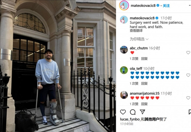 科瓦西奇社媒曬照報平安，順利接受跟腱手術(shù)預(yù)計將傷缺3個月