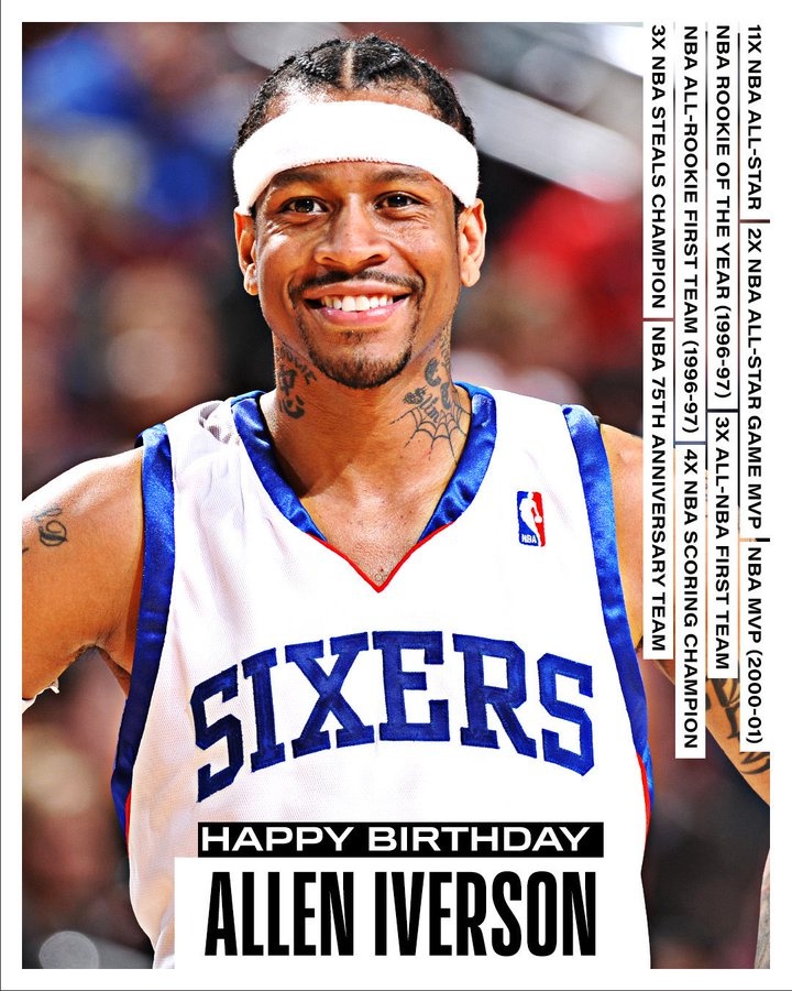 3次一陣&4屆得分王&11屆全明星&01年MVP！艾弗森50歲生日快樂(lè)??