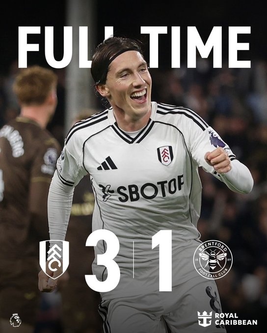 英超富勒姆3-1布倫特福德，伊沃比傳射、哈里-威爾遜破門